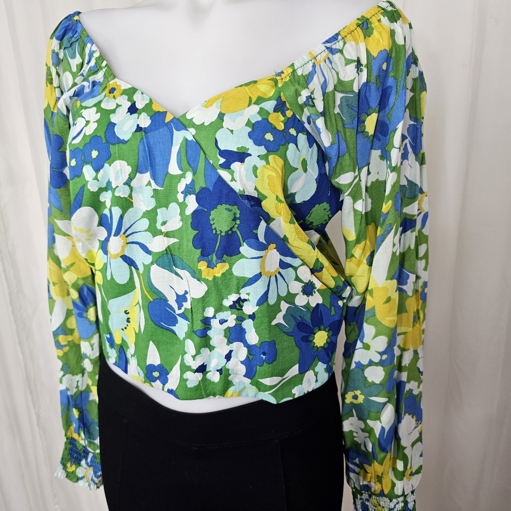 Walter Baker Green Disco Floral Kimora Crop Top Off Shoulder Size Medium - Picture 6 of 12